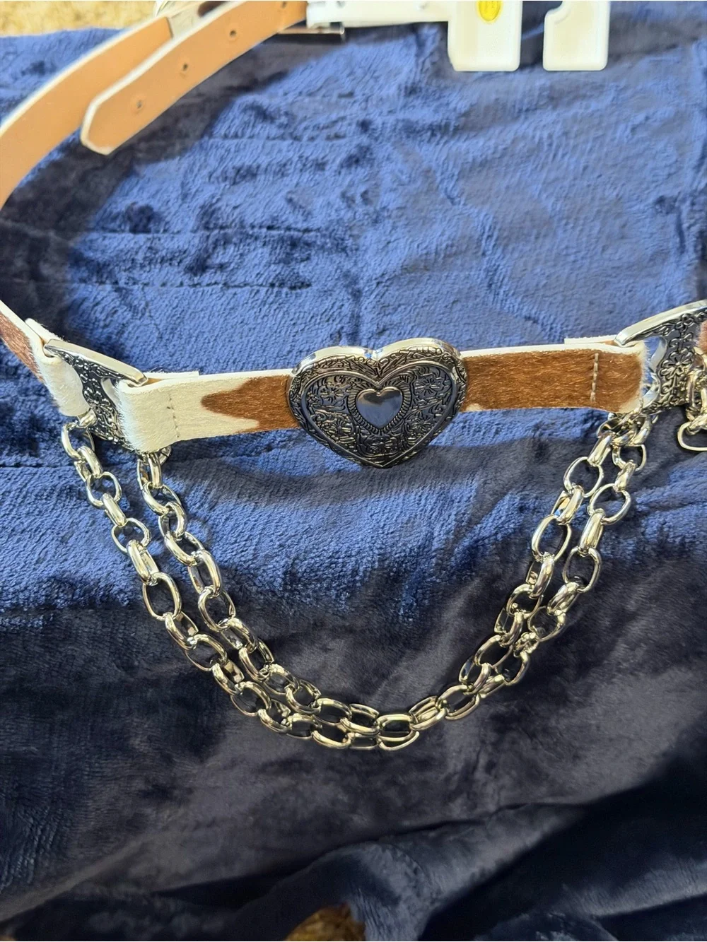 Haute Hippie Brown and White Leather Chain Belt with Silver Hearts